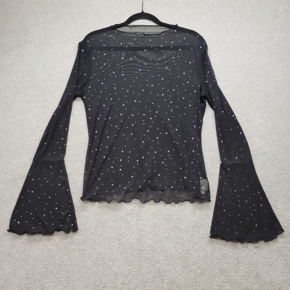 Avidlove Womens L Black Sheer Mesh Rhinestone Bell Sleeve Y2K Fairy Top